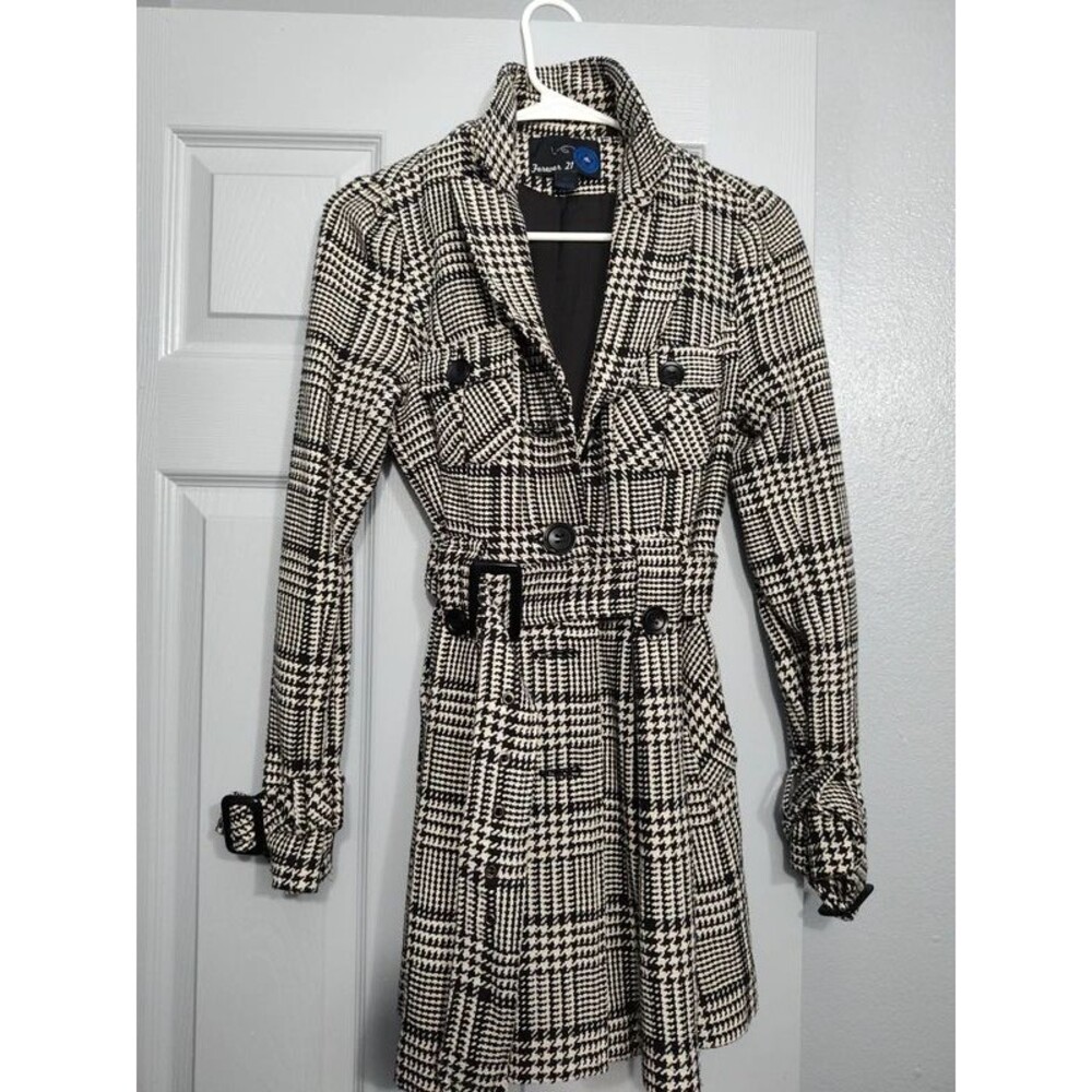 Forever 21 black white houndstooth plaid trench coat jacket S